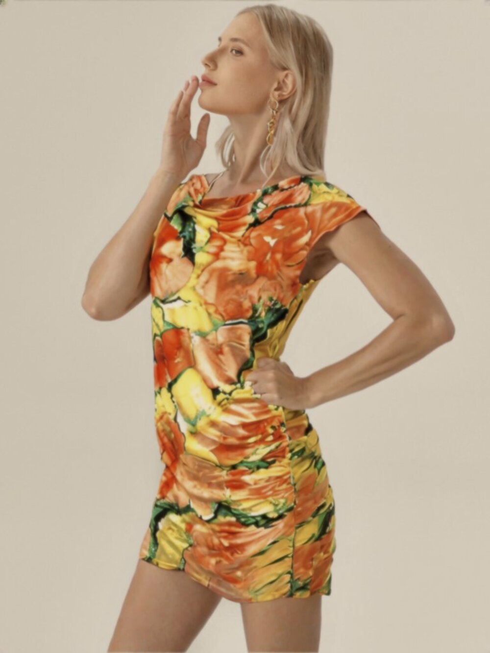 DKNY NWOT Floral One side Rushed cowl neck Dress or Long Top M $80